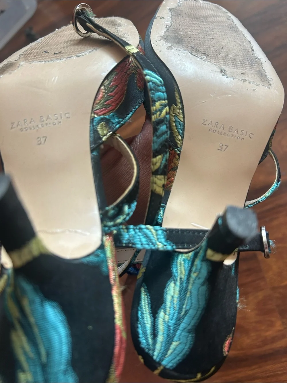Zara Black Embroidered Floral Slingback Heels with Teal and Orange Accents